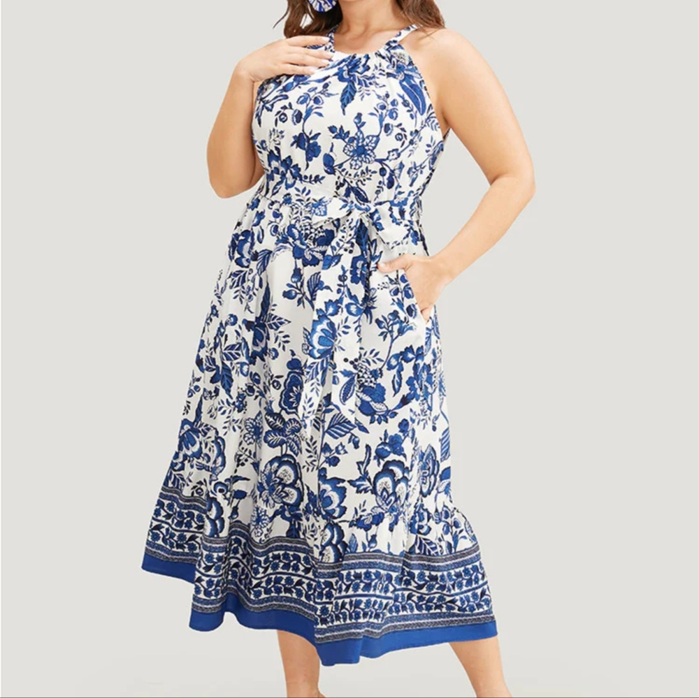 BLOOMCHIC Bandana Print Knotted Flutter Hem Pocket Belted Halter Dress